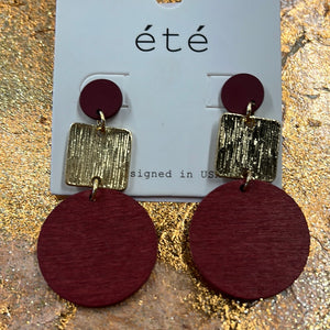 Wooden Circle With Gold Square Earrings