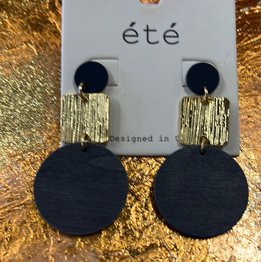 Wooden Circle With Gold Square Earrings